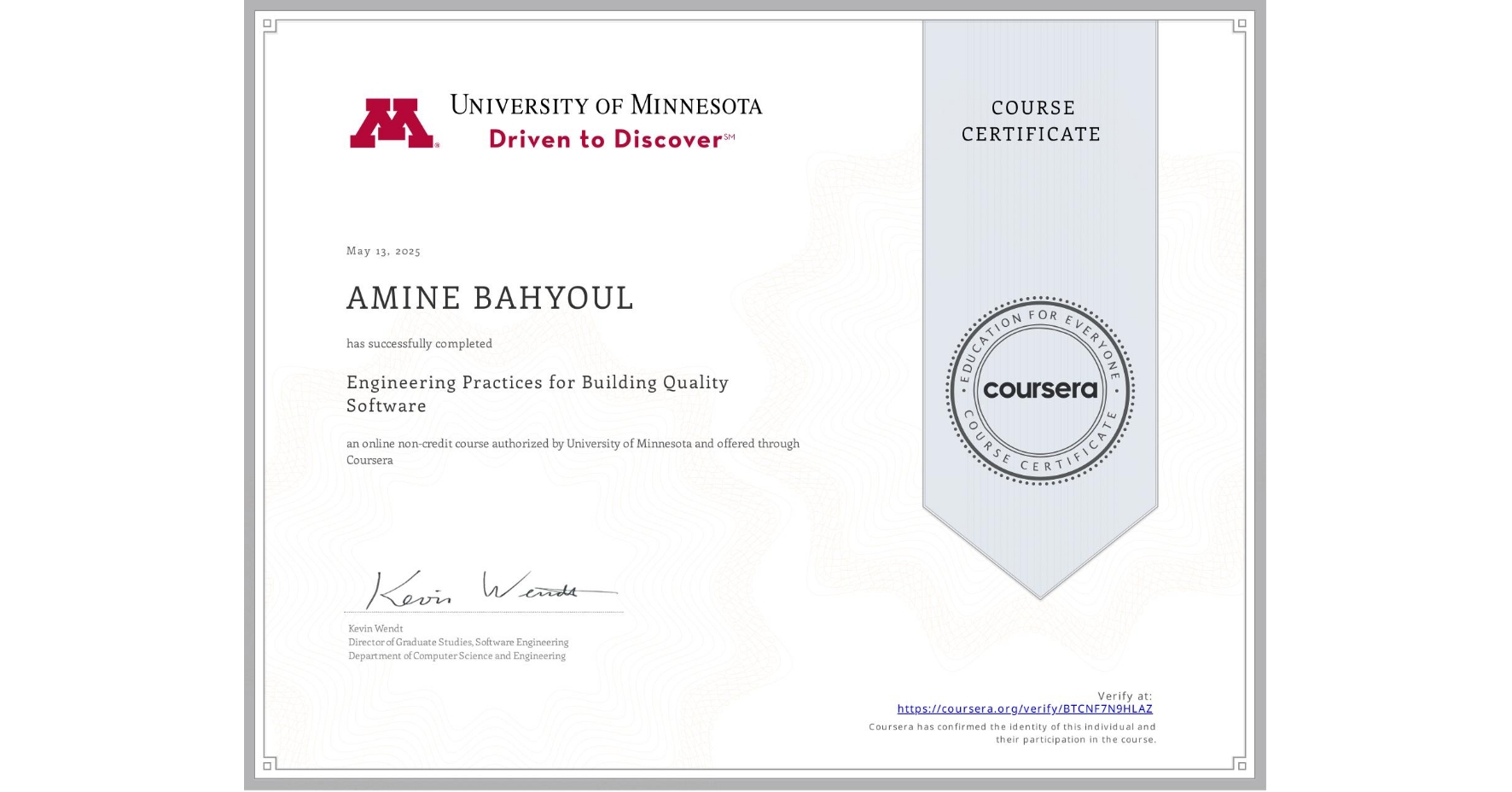 Engineering Practices for Building Quality Software Certificate